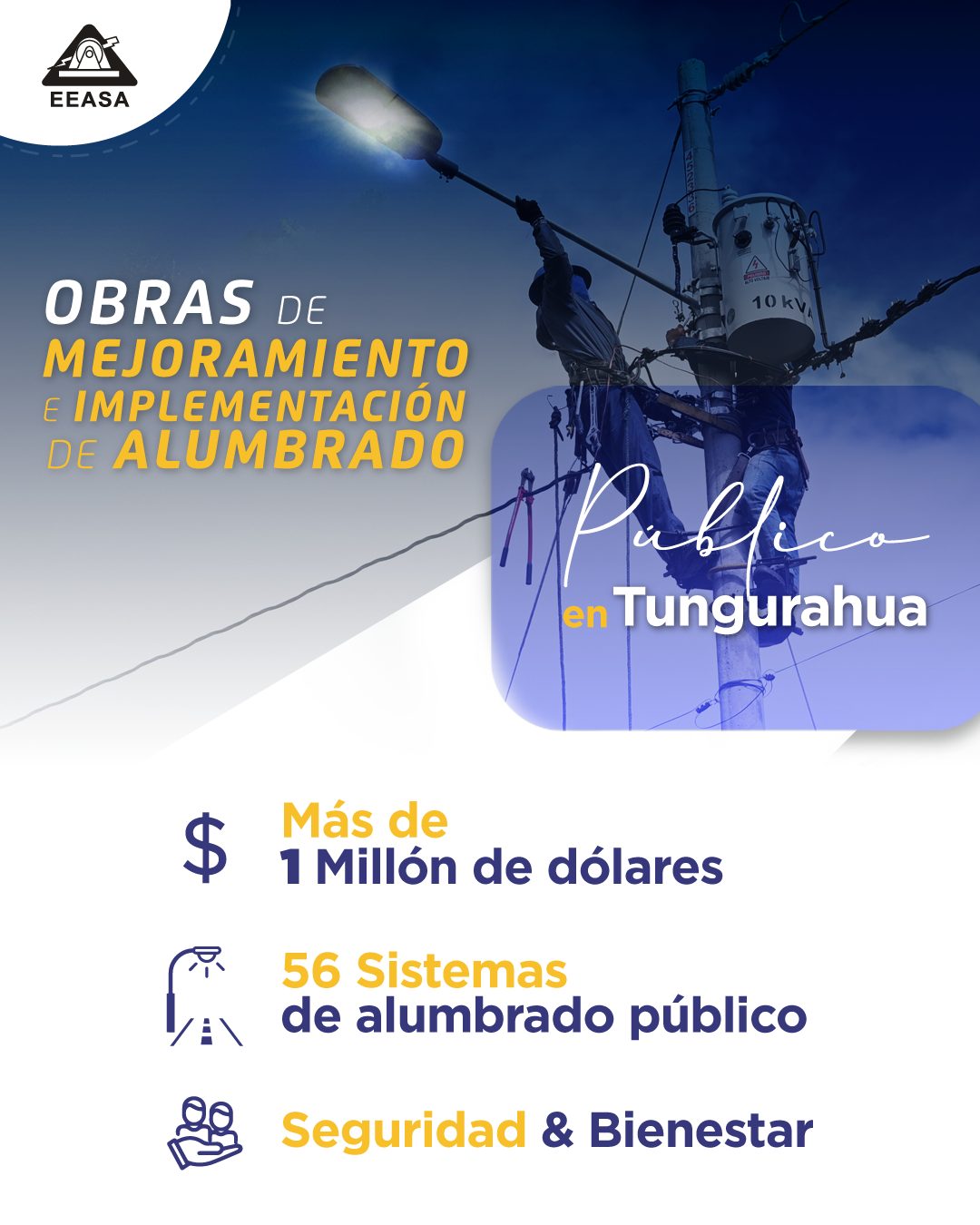 ￼EEASA INVIERTE MÁS DE UN MILLÓN DE DÓLARES EN OBRAS DE MEJORAMIENTO E IMPLEMENTACIÓN DE ALUMBRADO PÚBLICO EN TUNGURAHUA.